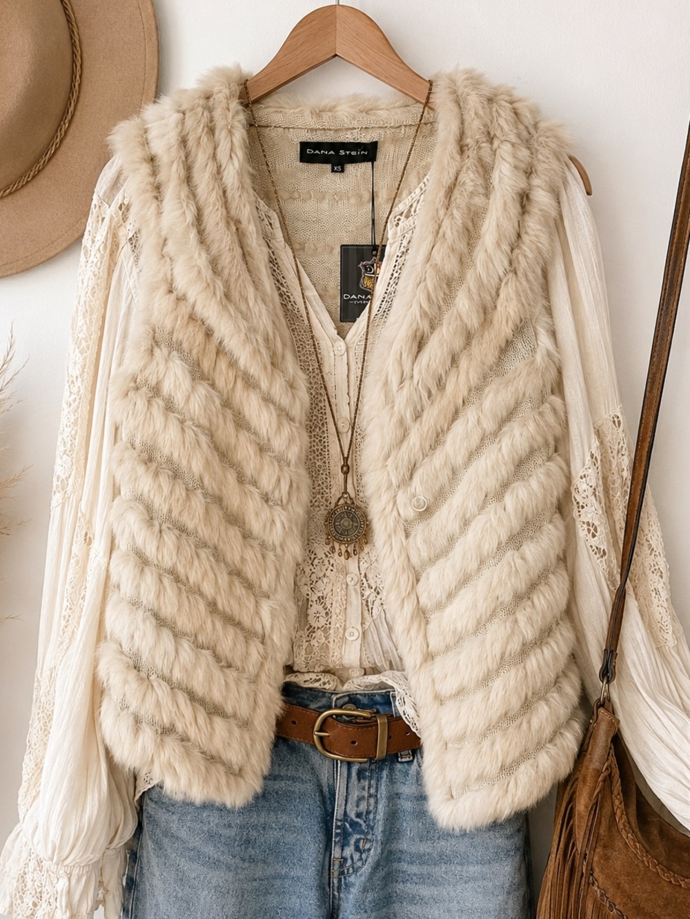 NWT Rabbit Fur Vest Cream Ivory Genuine Fur Boho Western XS